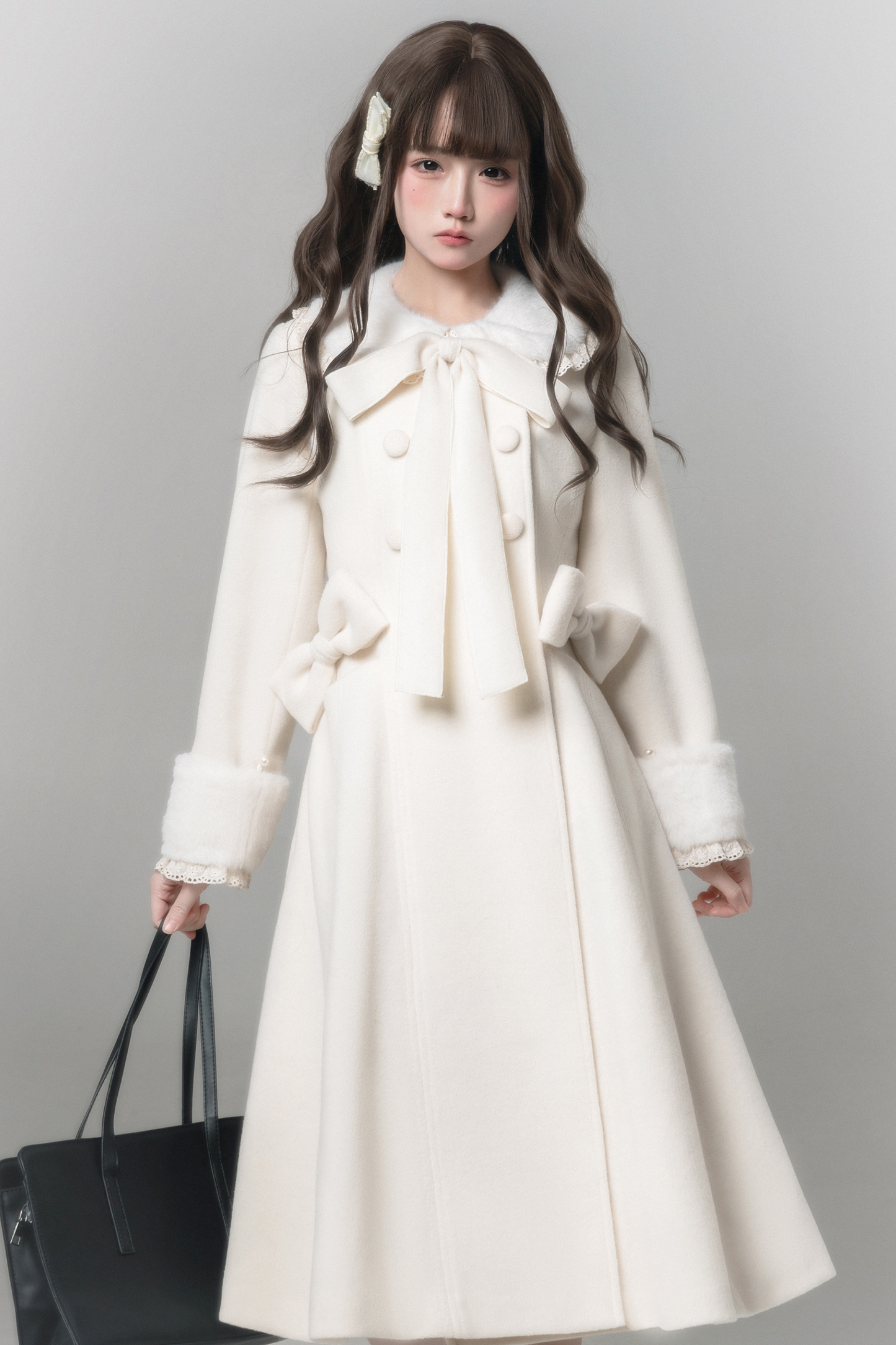 ホワイトスノーロングコート+シャツ+スカート