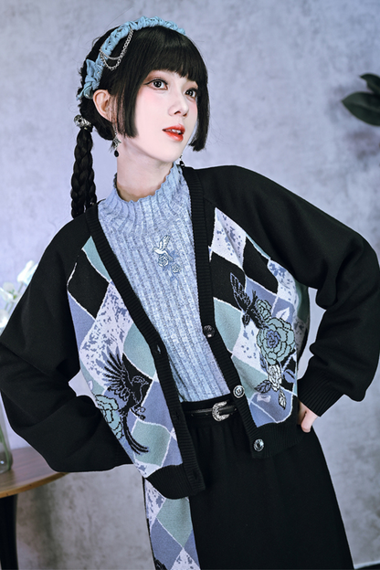 Argyle Flower Cardigan + Asymmetrical Skirt