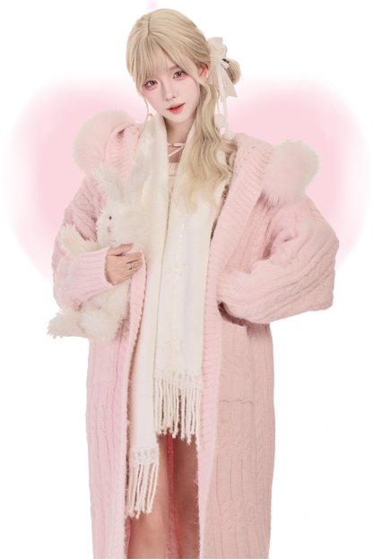 ミストパウダーニットトップス+ニットロングコート+ケーキスカート