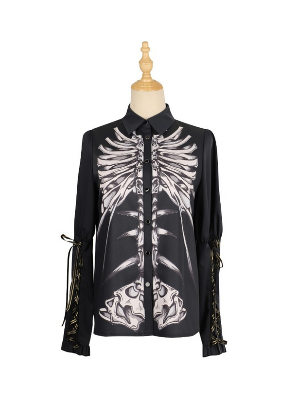 Lace-up sleeve bone blouse + cross ribbon gothic layered dress