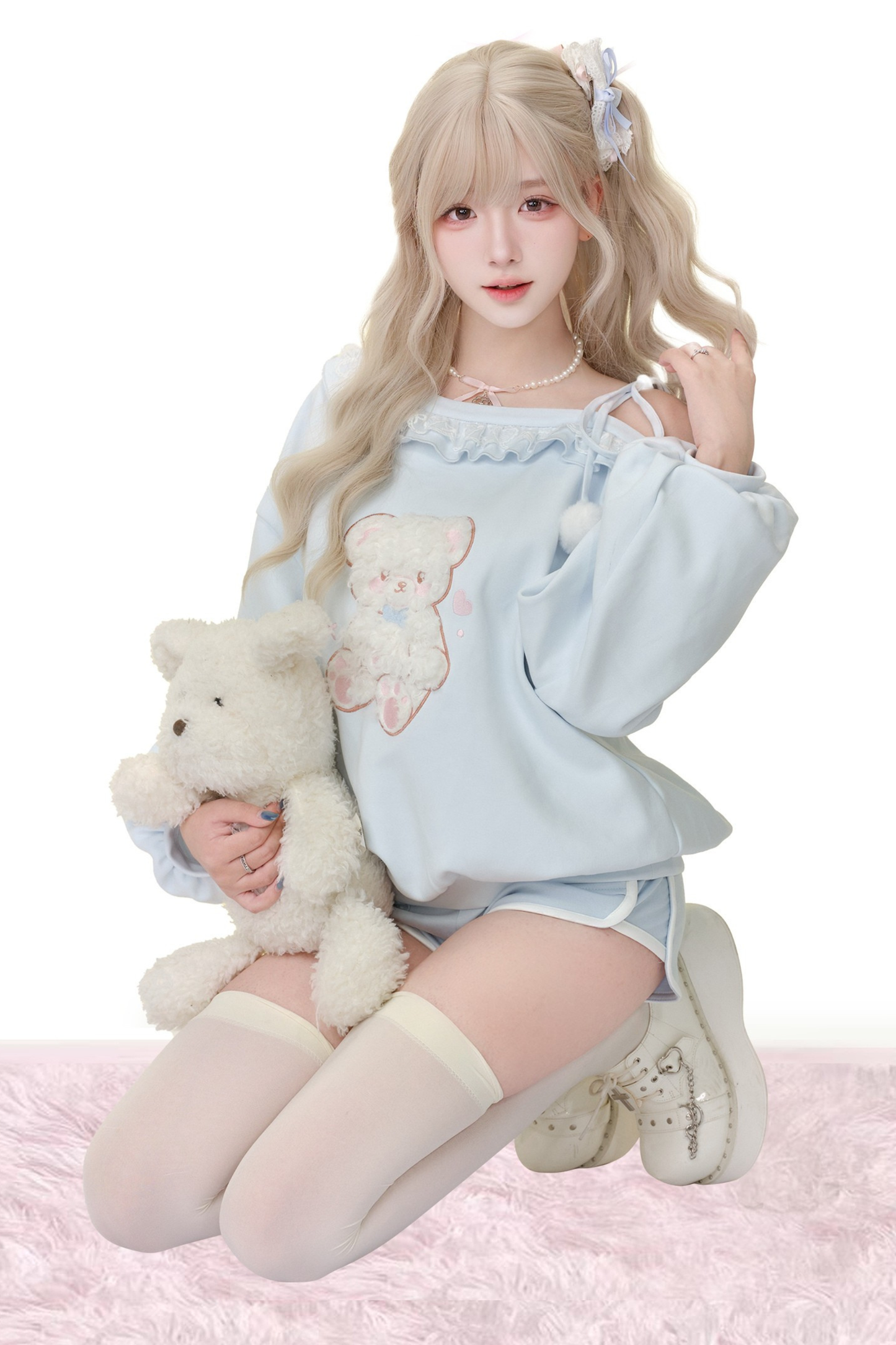 ワンショルダーアイスカラートップス+ショートパンツ