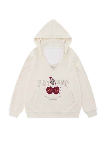 Retro Cherry Embroidery Leaf Hooded Sweatshirt Loose Two Piece