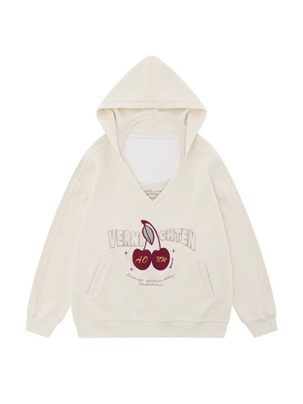 Retro Cherry Embroidery Leaf Hooded Sweatshirt Loose Two Piece