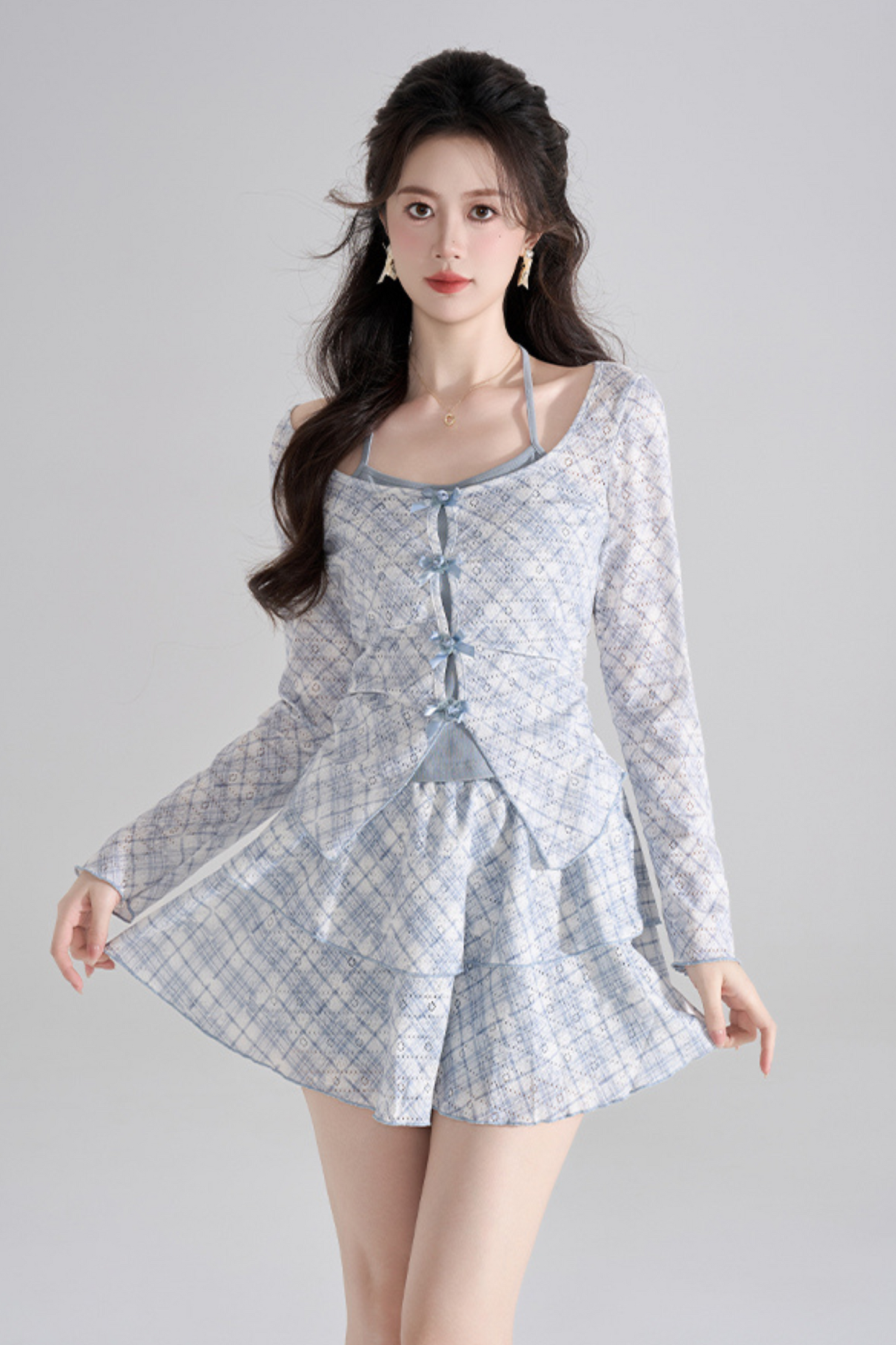 Blue Check French Sleeve Ensemble Top + Flared Skirt