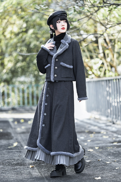 Retro mode fur short jacket + skirt