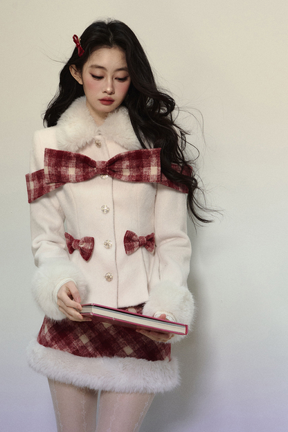 Check Ribbon Coat + Fur Check Skirt