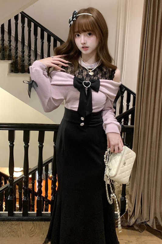 Lace Off-the-shoulder Ribbon Dress