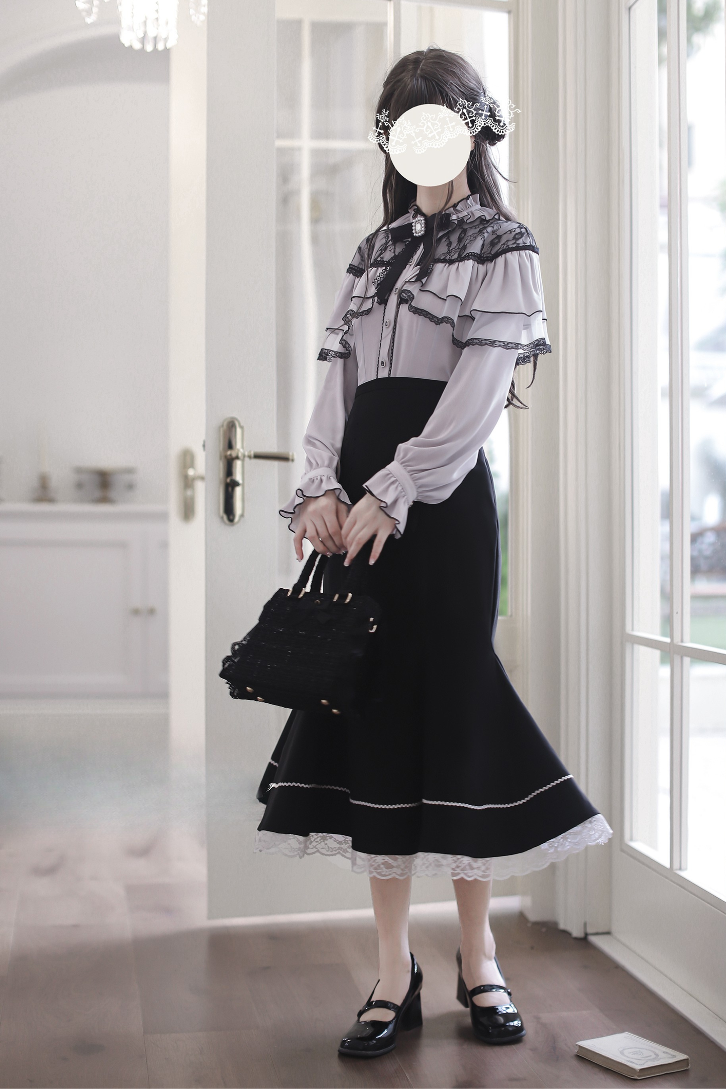 シフォンレースシャツ+フィッシュテールスカート+リボン