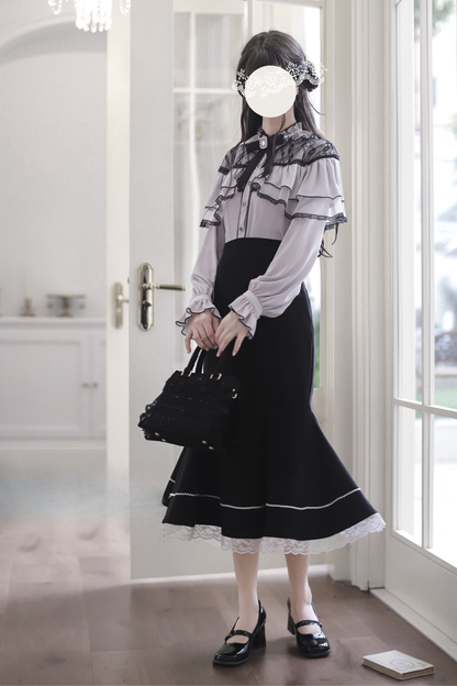 シフォンレースシャツ+フィッシュテールスカート+リボン