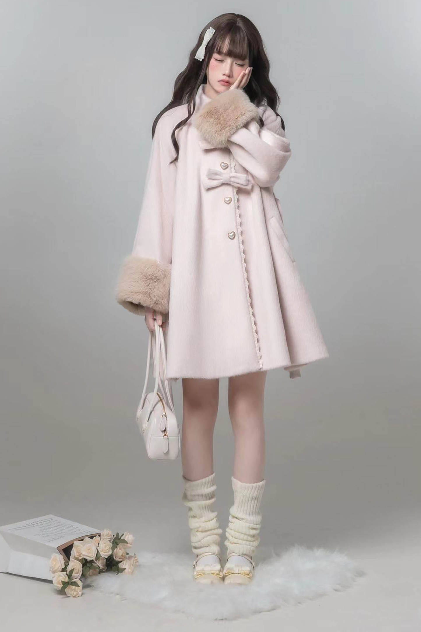 スイートガーリーリボンフレアコート+ファーカラー+シャツ+スカート+ベレー帽