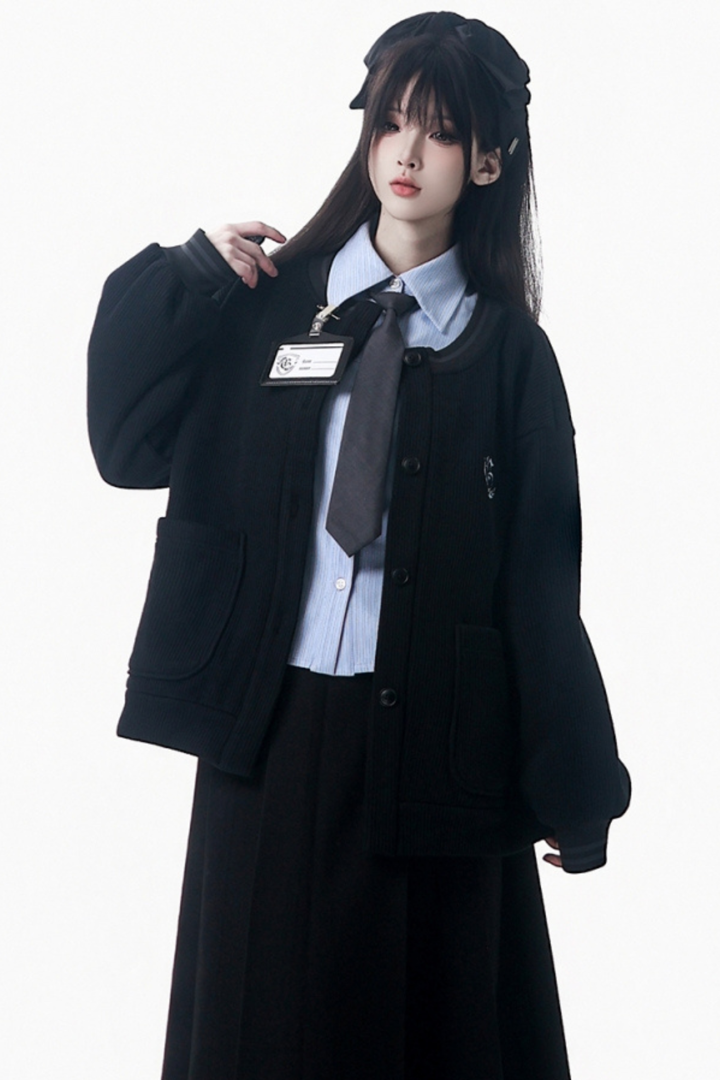 カレッジブルーシャツ+カーディガン+ショートスカート+ロングスカート