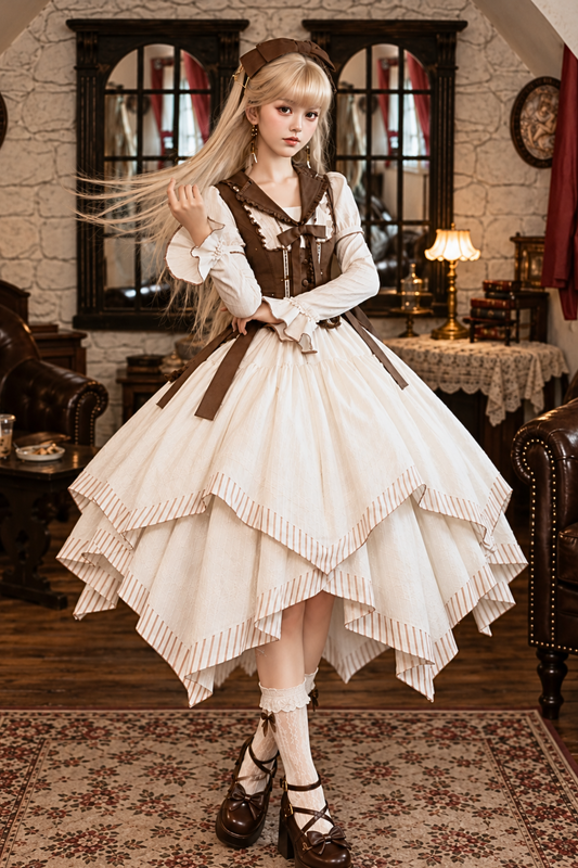 【10月14日予約締切】Brown Vintage Classic Lolita Puff Sleeve Ribbon Frill Collar Handkerchief Hem Bustier Layered Dress + Detachable Sleeves + Ribbon KC + Hair Clip