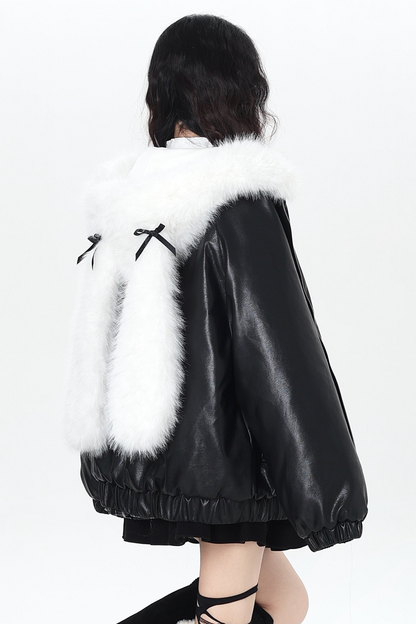Rabbit Fur Hooded Leather Jacket