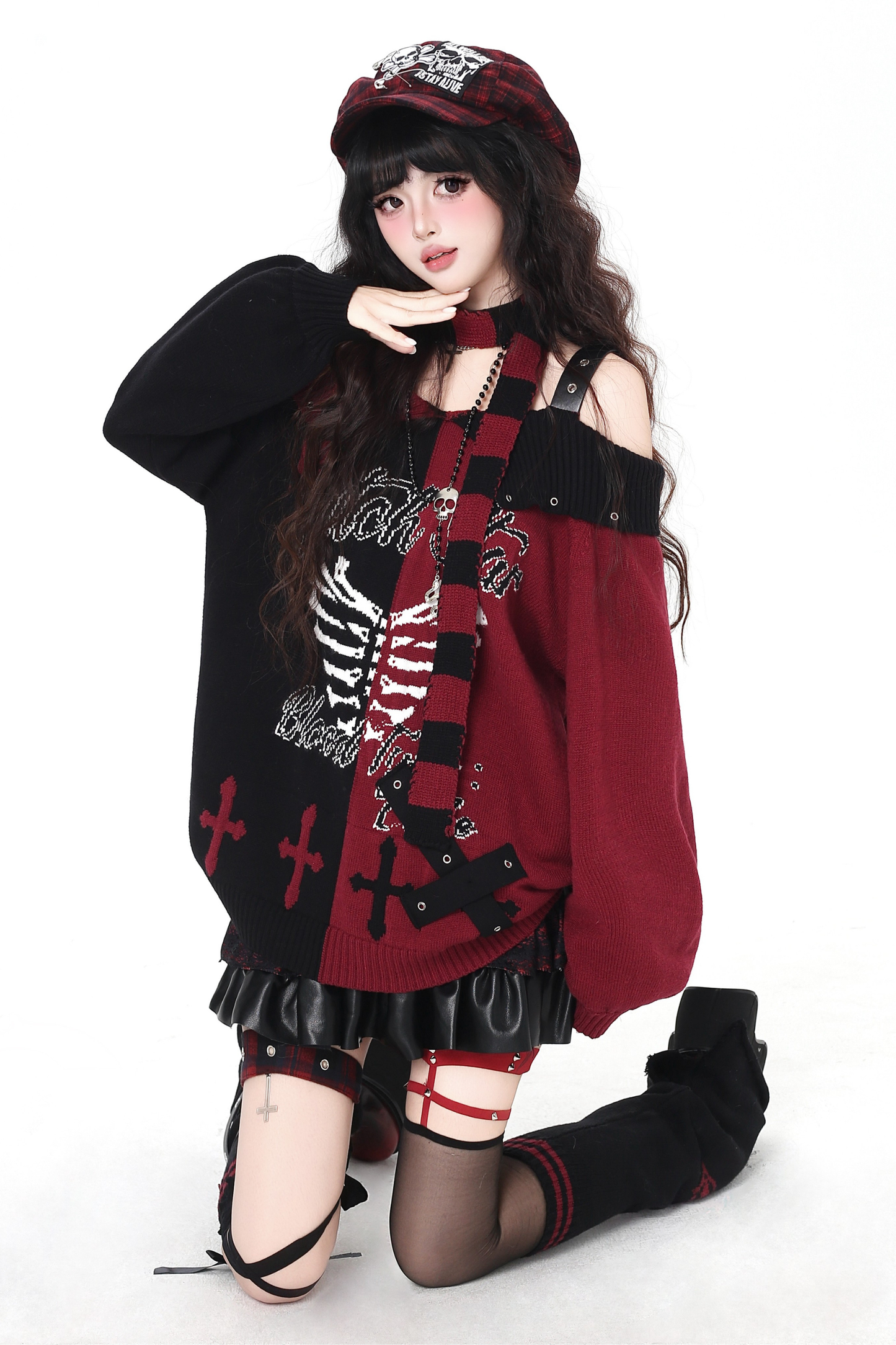 スカルボーンゴシックオフショルダートップス+スカーフ