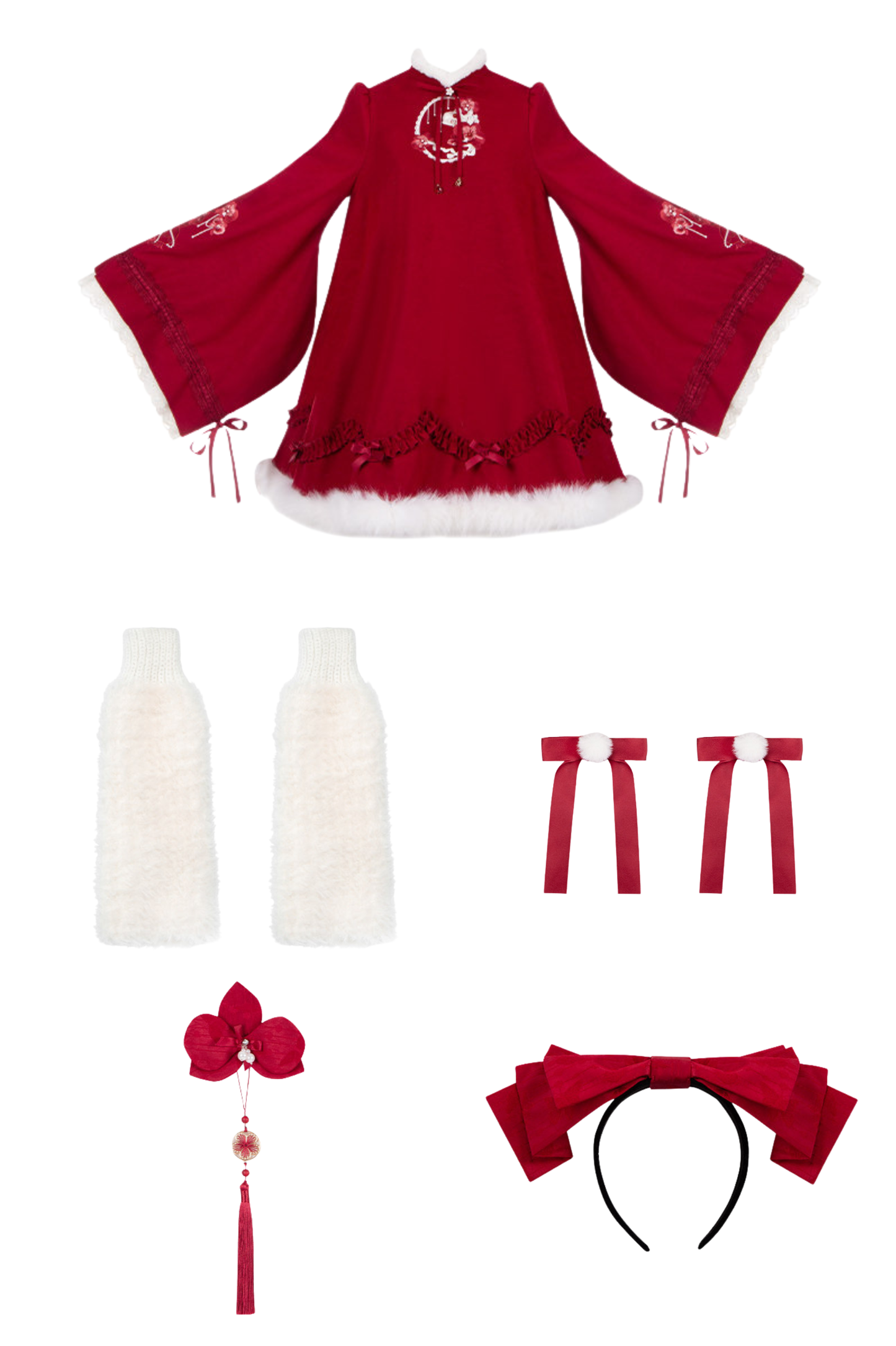 China Big Sleeve Dress + Apron + Skirt + Leg Warmers + Hairband + Clip + Pin