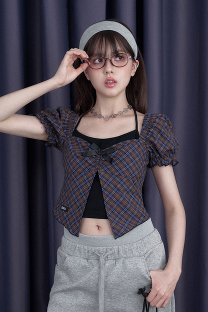 スウィートチェックバブルスリーブトップス