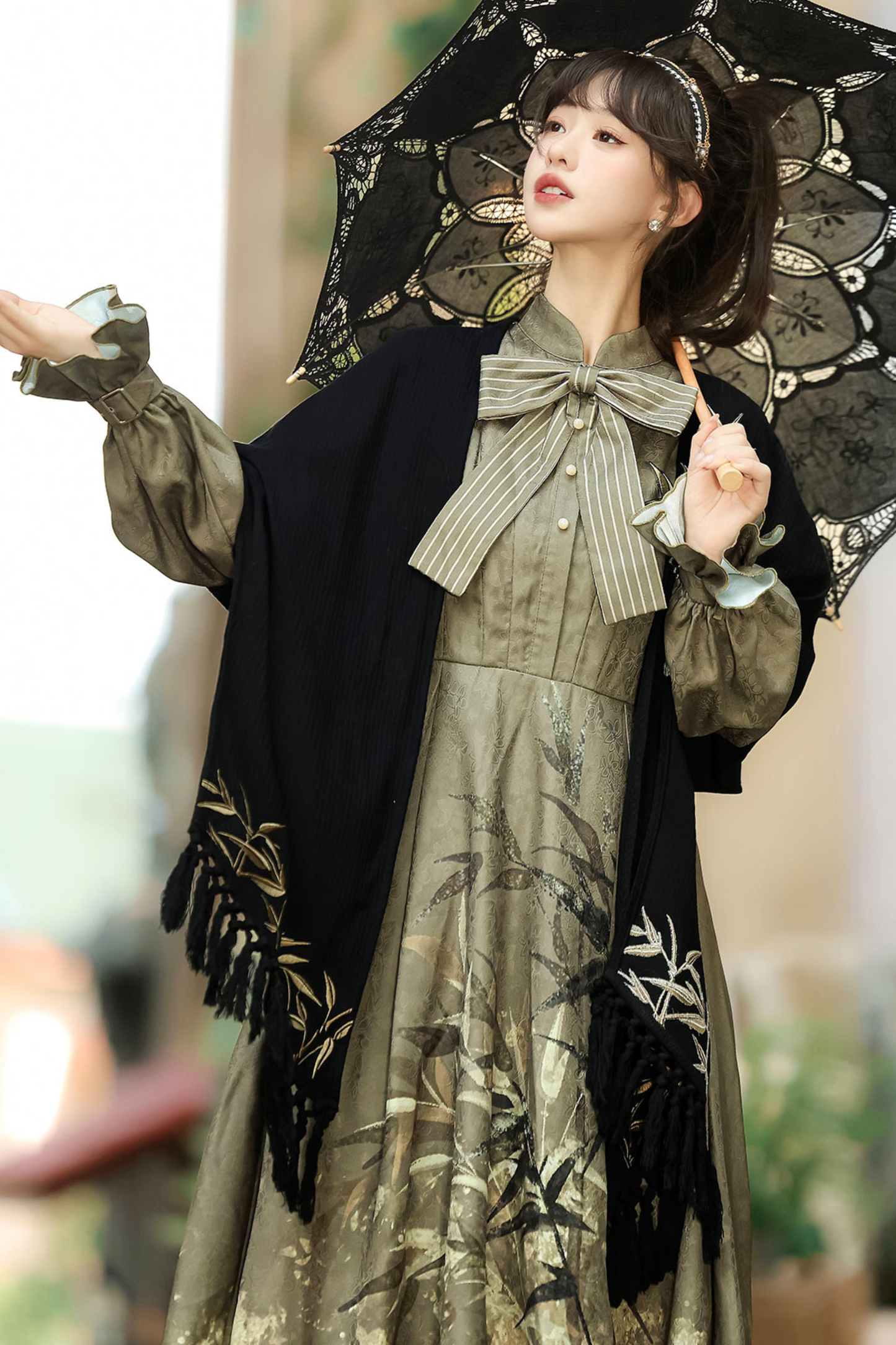 Chic Dark China Print Dress + Shawl