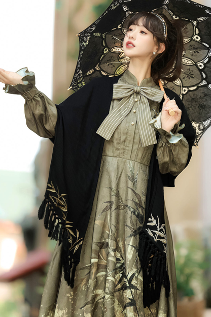 Chic Dark China Print Dress + Shawl