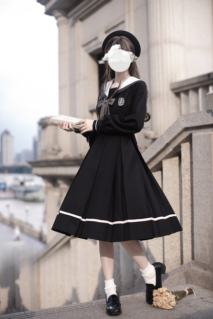 エレガントプレッピースタイルワンピース+リボン+ブローチ