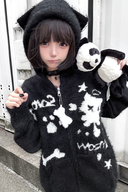 キャットデザインフードニットカーディガン