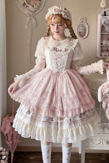 Daily Color Sweet Princess Jumper Skirt + Lace Doll Shirt
