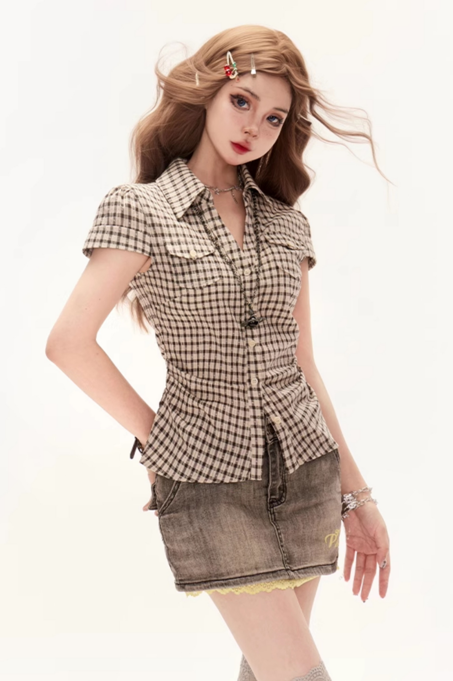 レトロアーモンドチェックプリーツトップス