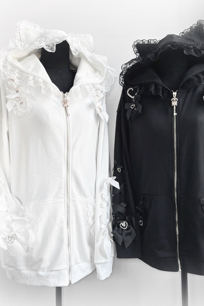 Dark-Herz-Katzen-Kapuzenjacke mit lockerem Reißverschluss