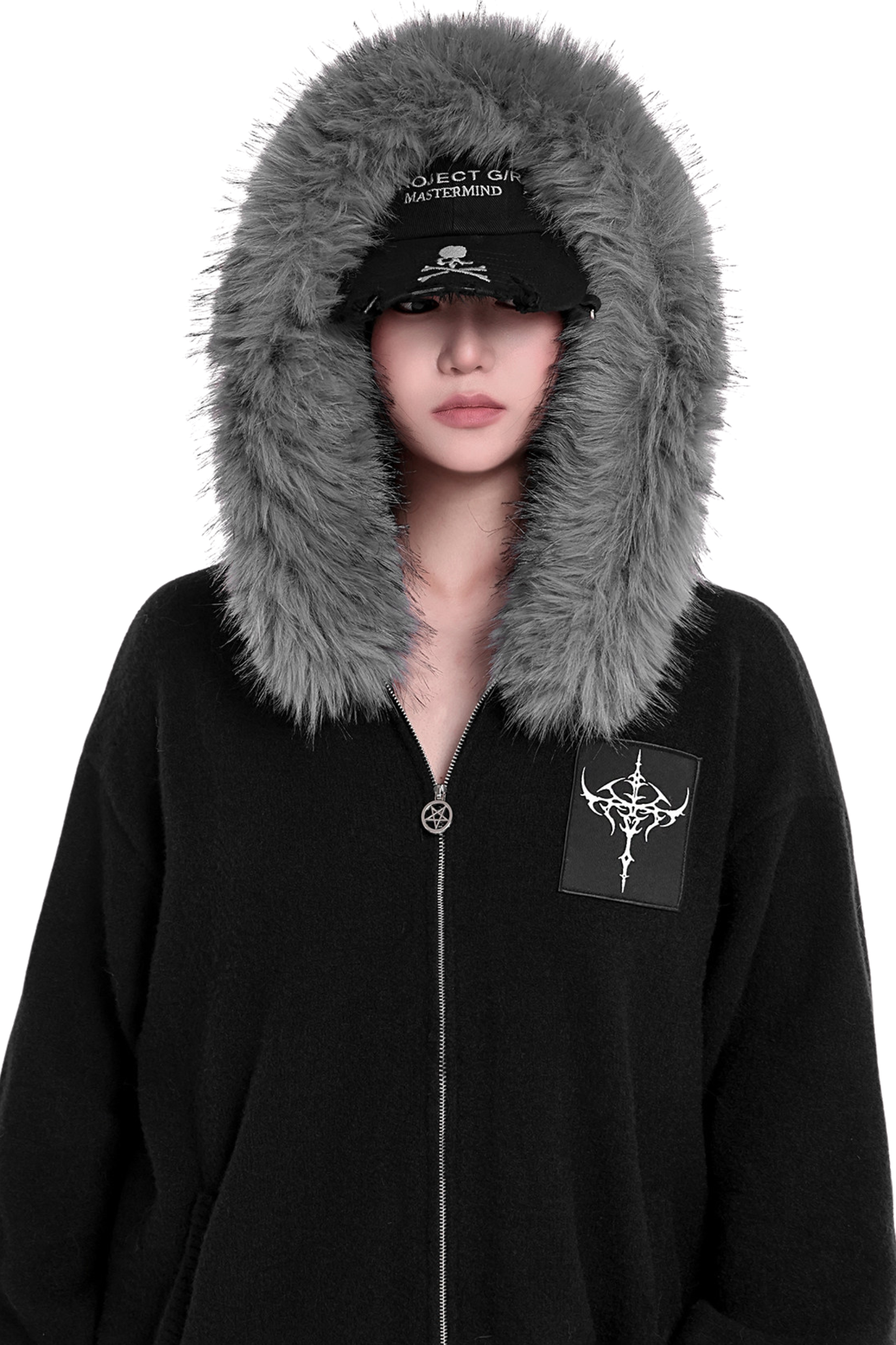 ファーフードルーズポイントクロスジップパーカー