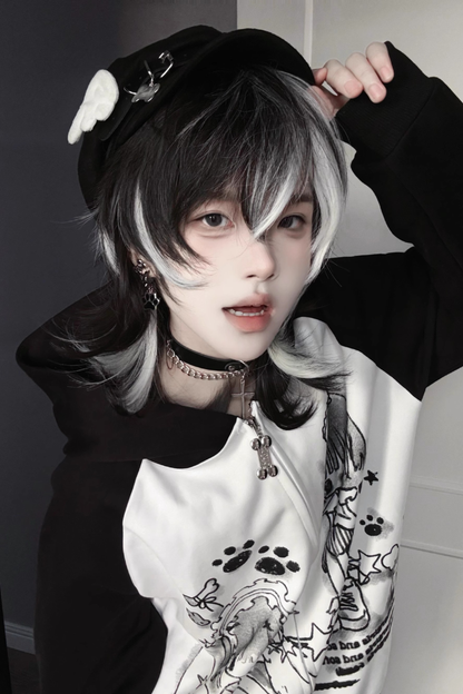 アニメガールイラストバイカラーフードパーカー