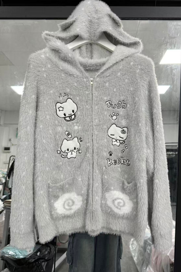 Cat Hooded Knit Loose Cardigan
