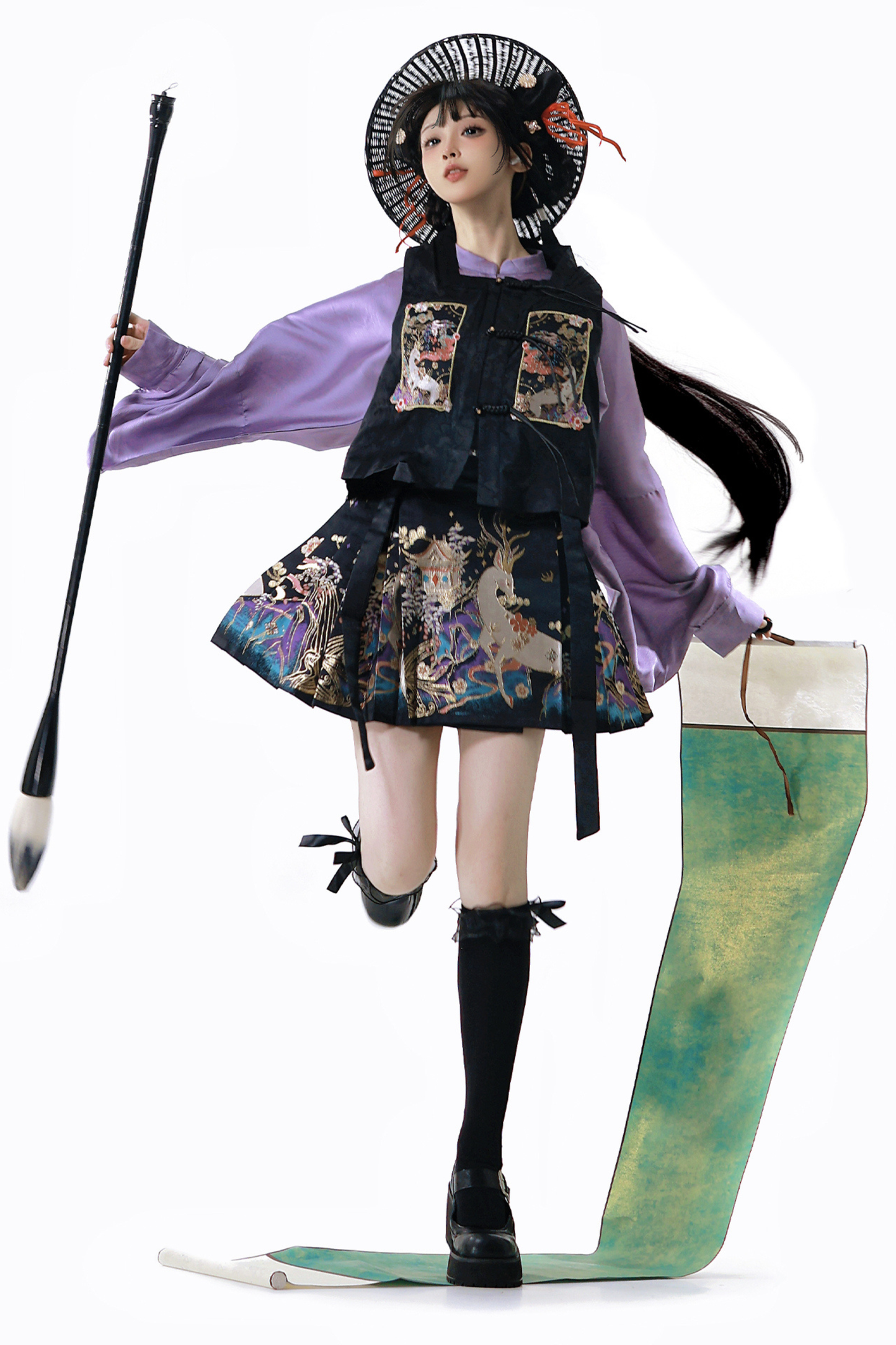 Dark china shirt + vest + skirt