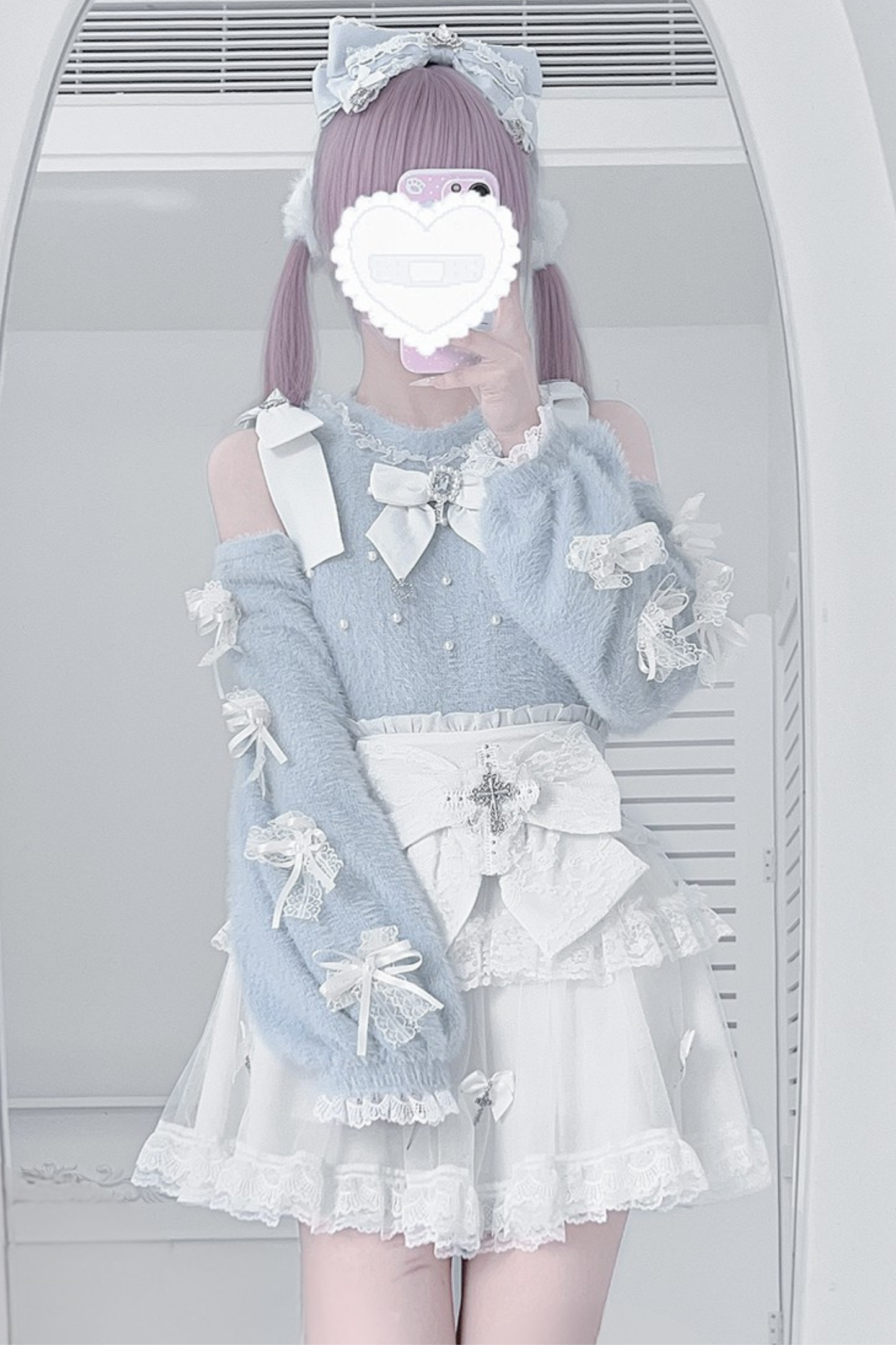 オフショルダーリボンニット+スカート