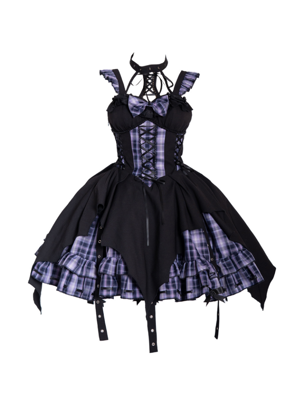 Punk rock halterneck irregular check suspender dress + head accessories