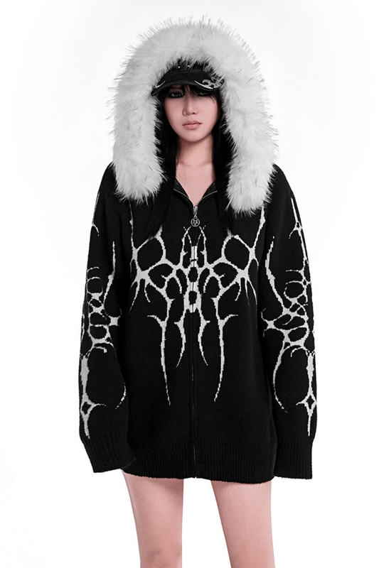 ゴシックファーフードルーズジップカーディガン