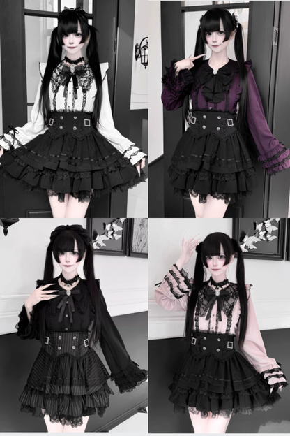 【1月7日予約締切】ジュエルリボンベルスリーブシャツ＋ブラックストライプティアードスカート＋セットアップ