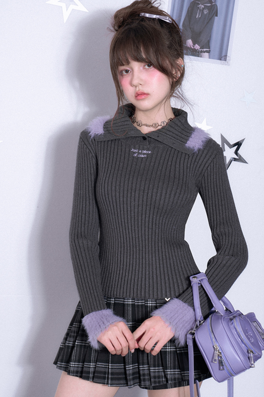 Slim Rib Fur Collar Sweater