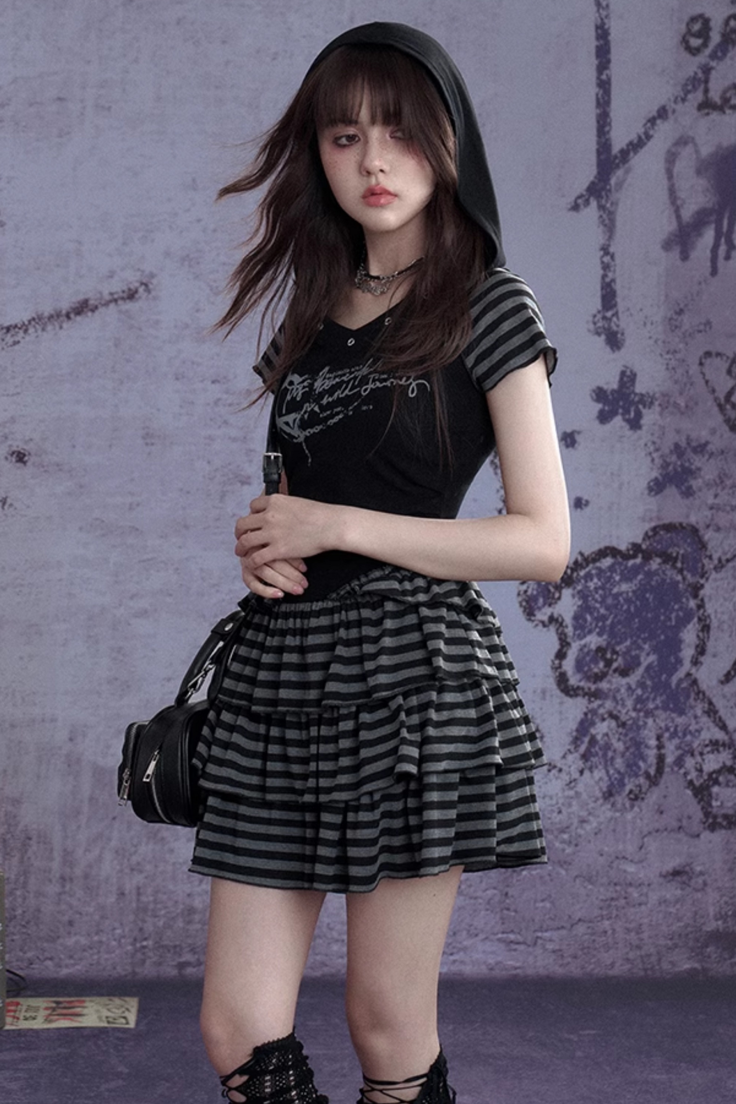 Vestido con capucha a rayas Y2K Punk