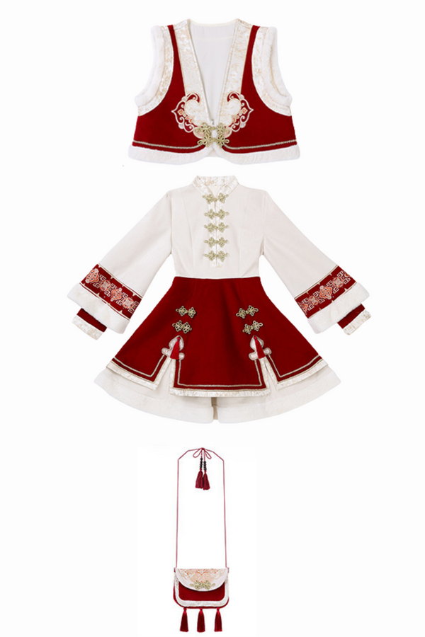 China Fur Trim New Year Dress Vest Bag Full Set
