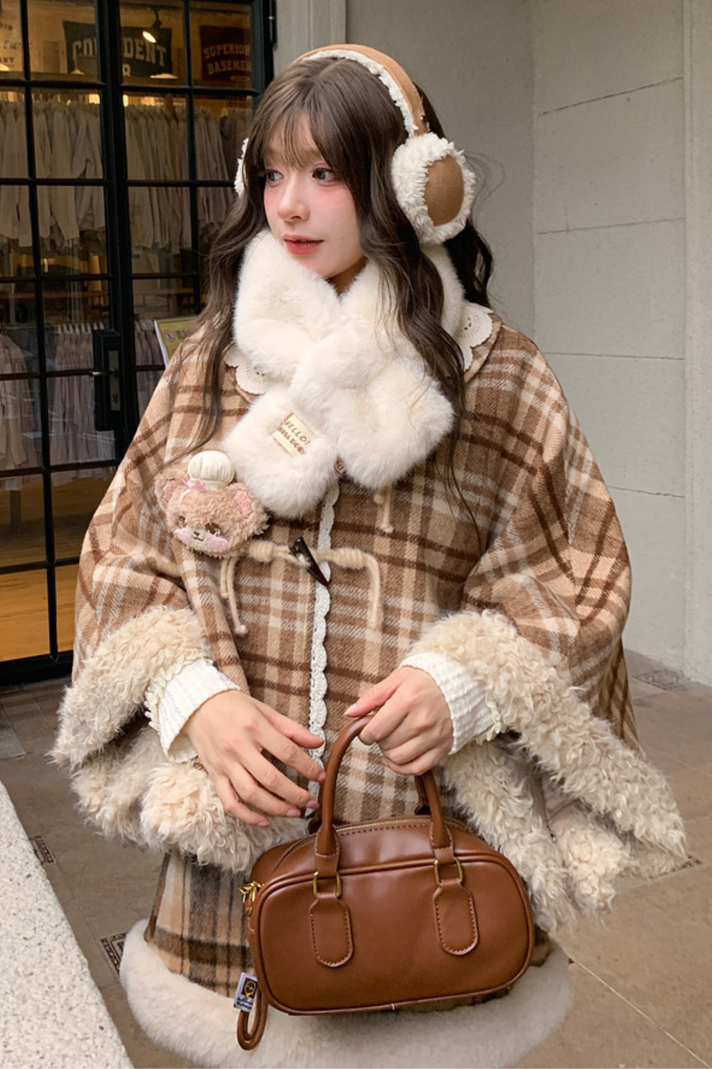 カラーブロックチェックマントコート