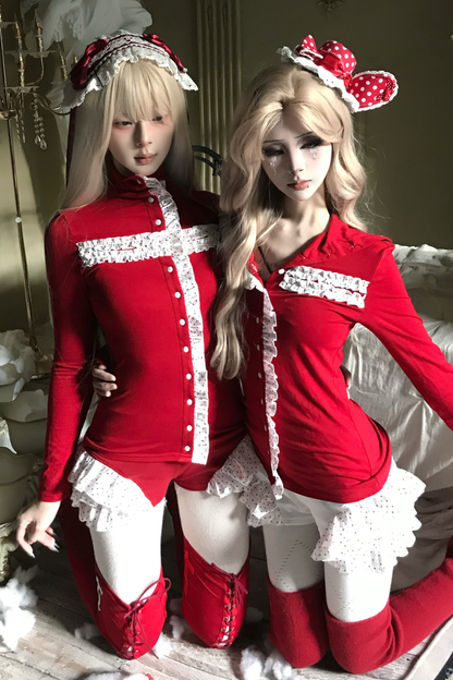 レースクロスタートルネックトップス+レースショートパンツ