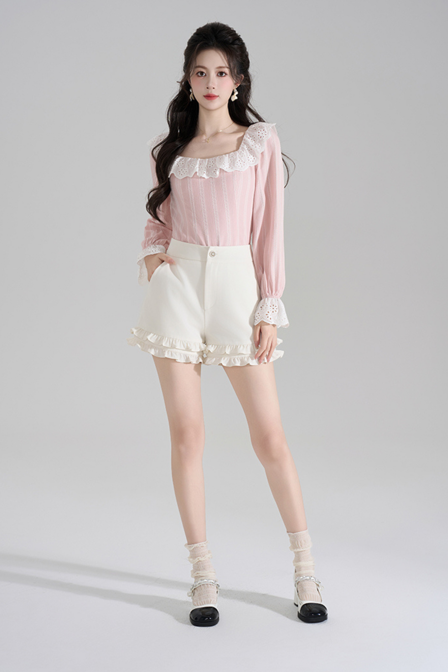 Pink Striped Lace Trim Blouse + Ruffled Shorts