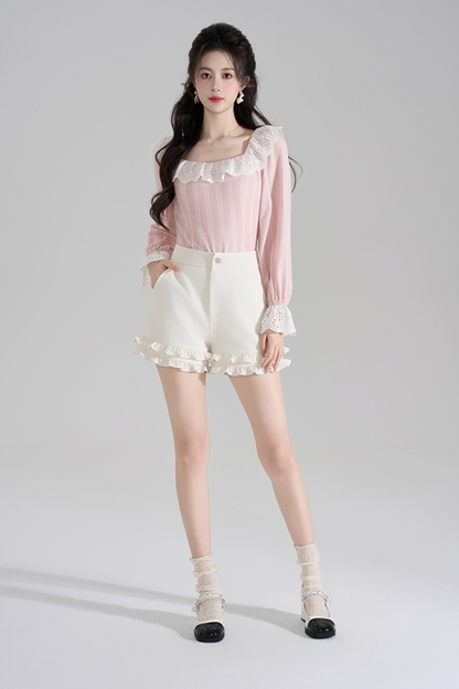 Pink Striped Lace Trim Blouse + Ruffled Shorts
