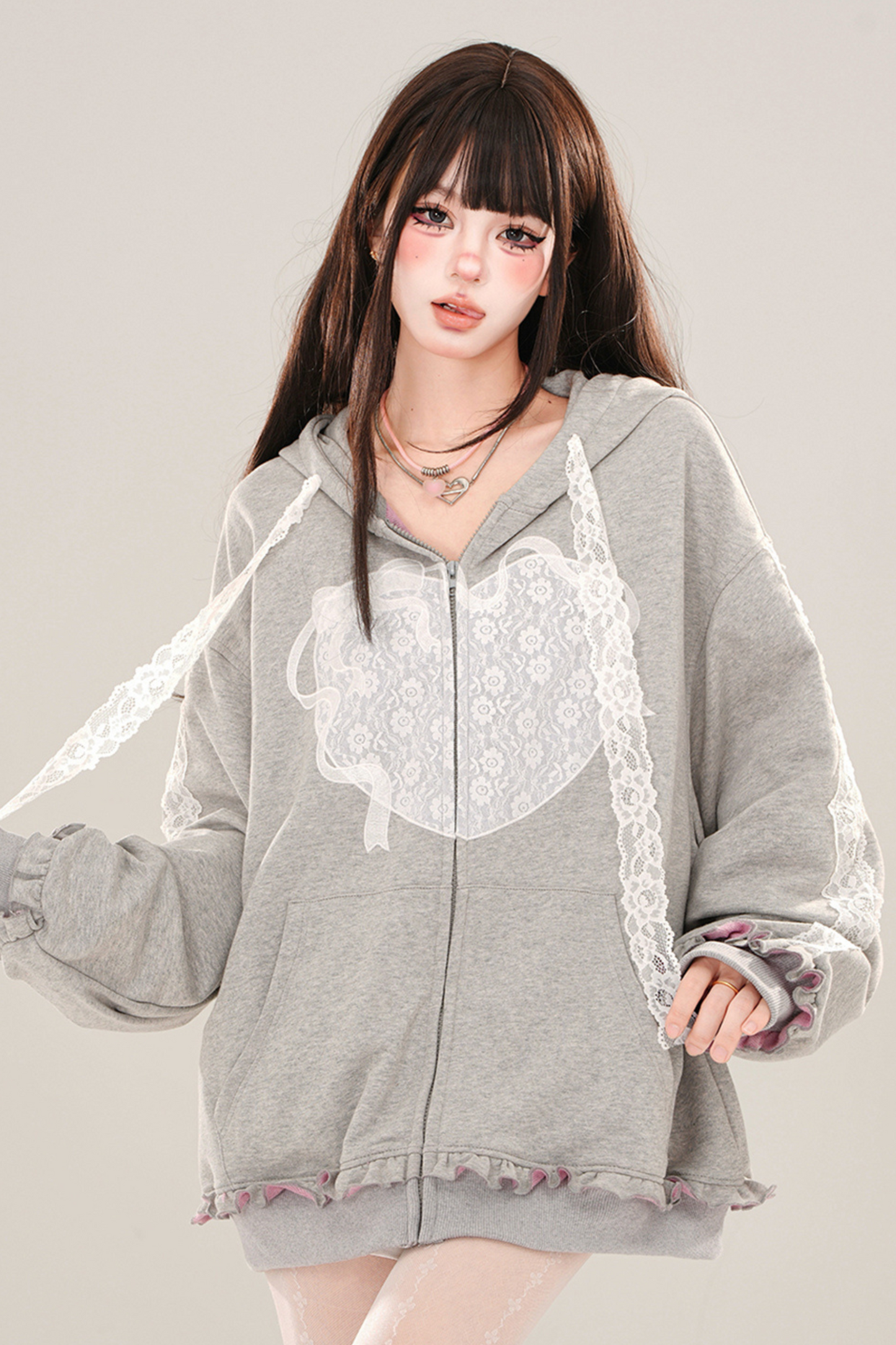 Lace Design Girly Hooded Hoodie