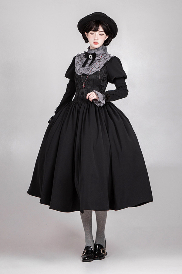 [Pre-Order] Dark Sweet Lolita Dress + Faux Collar + Necklace + Jacket + Ribbon + Sleeve + Fur Shawl