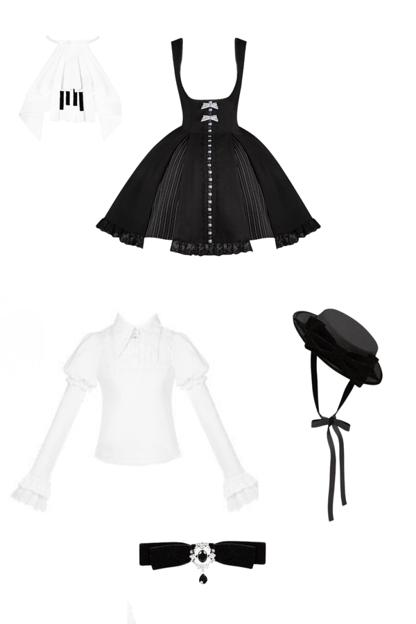 Six Sweet Lolita Flare Jumper Skirt + Top + Hat + Ribbon + Collar