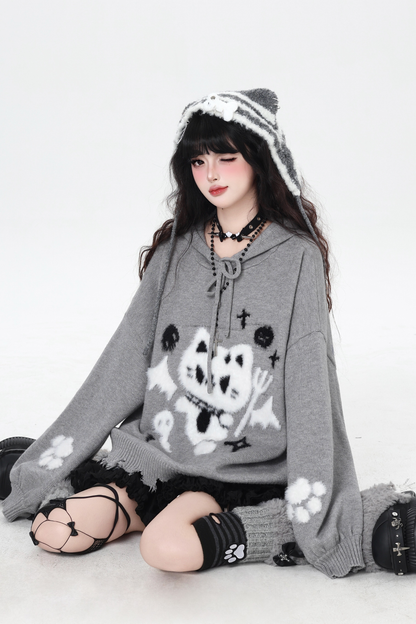 ナイトダークキャットルーズフードニット