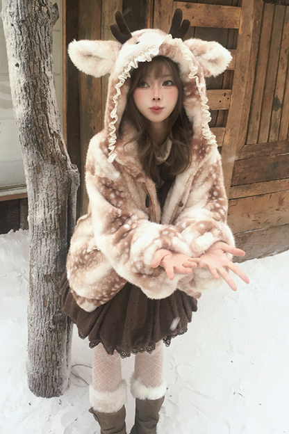 鹿柄フード付きホーンバックルファーコート