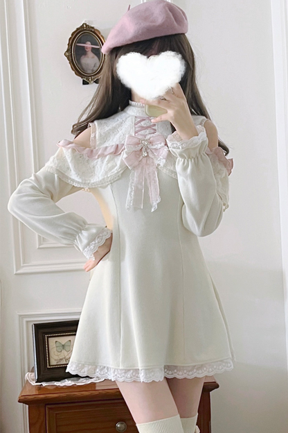 One-Shoulder Lace Ribbon Girly Dress