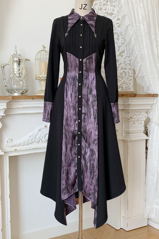 High Collar Blocking Asymmetrical Dress