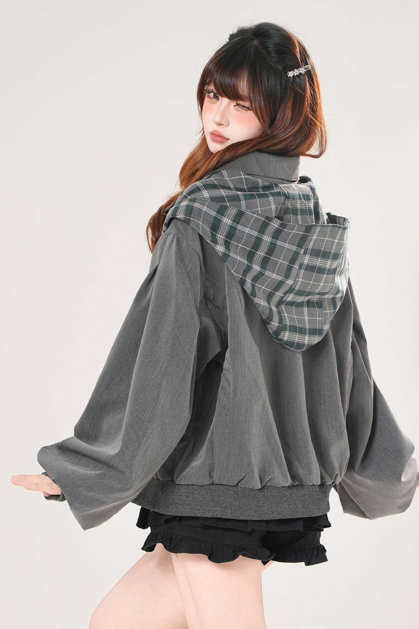 モードチェックフードジャケット